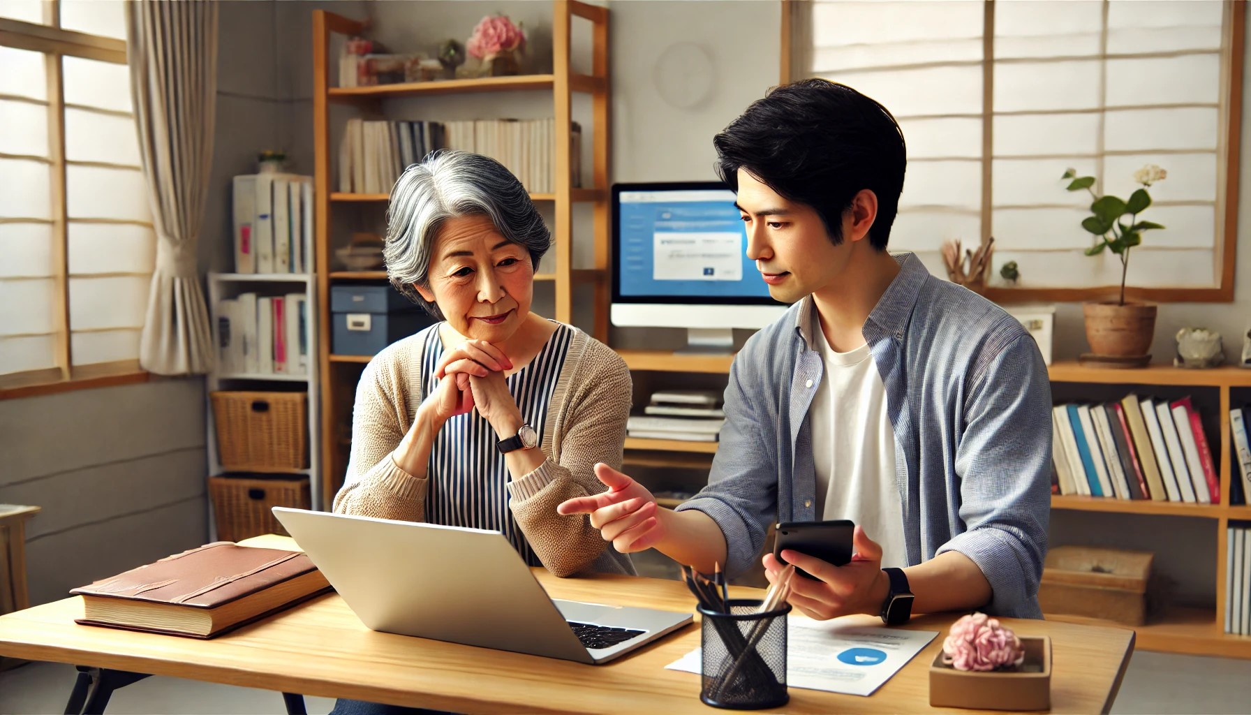 DALL·E コンピューターとスマートフォンの使い方を学ぶ年配の日本人女性の描写。明るく居心地の良い教室または自宅が舞台です。