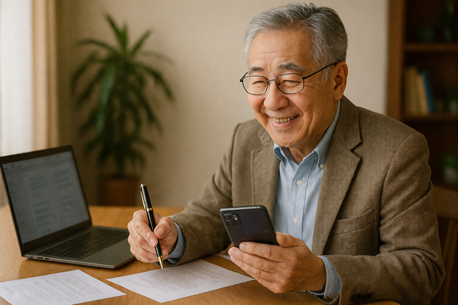 左手にスマートフォンを持ってメモを取る