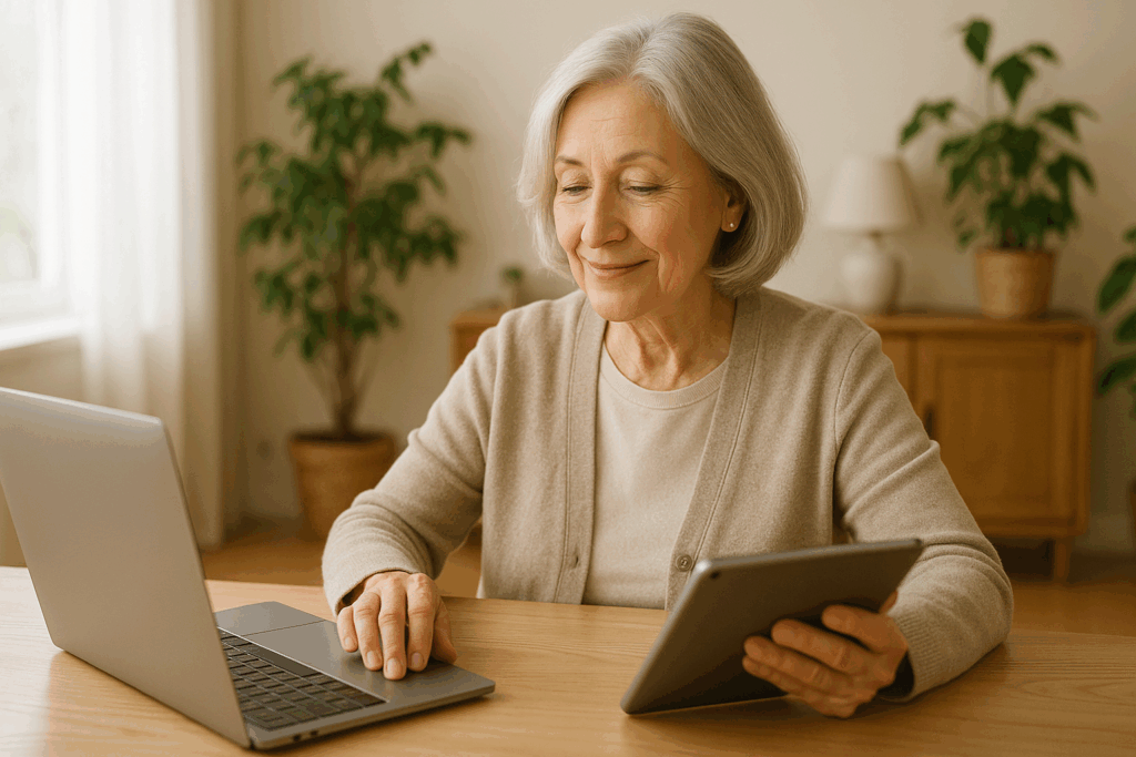 ChatGPT Image 女性シニア経営者が、穏やかにパソコンやタブレットで作業している情景