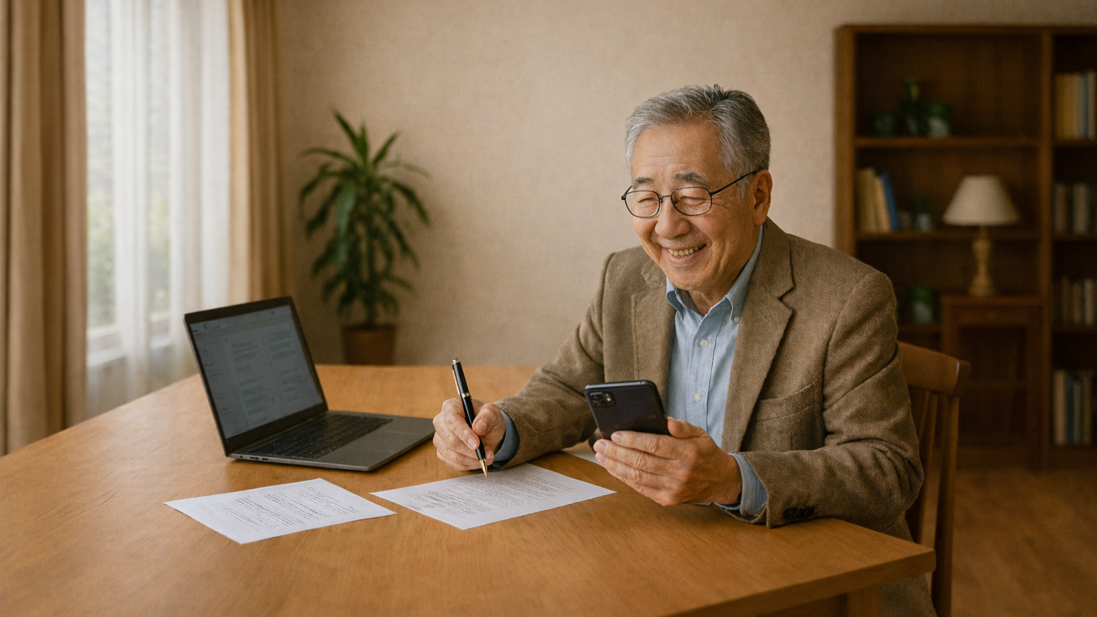 ChatGPT Image 左手にスマートフォンを持ってメモを取る