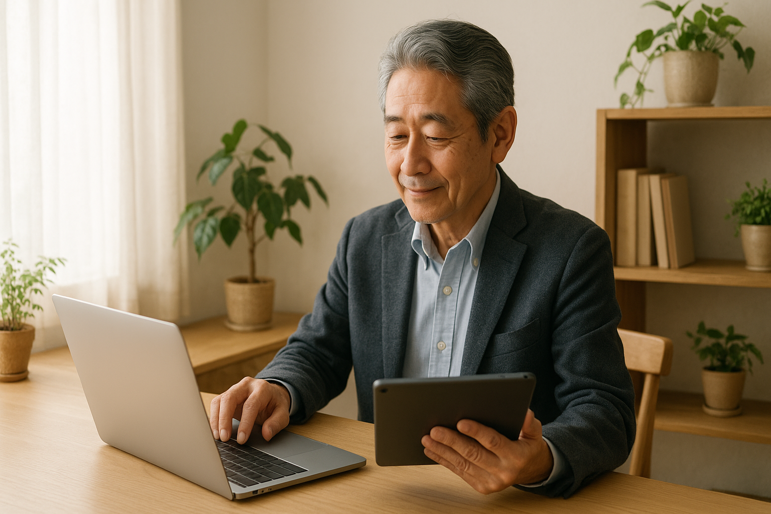 ChatGPT Image 日本人男性シニア経営者が、穏やかにパソコンやタブレットで作業している情景